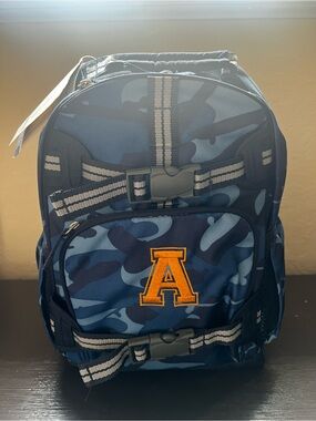 Pottery Barn Kids Blue Camo Backpack with Orange 'A' Patch-sz small (preschool)